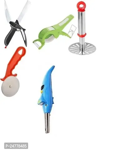 Small Masher - Bhindi Cutter - Red Pizza Cutter - Dolphin Lighter -Claver Cutter_Stainless Steel_Pressers And Mashers Pack Of 5