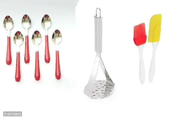 6 Pcs Handle Spoon - Big Masher - Mini Spatula Set_Stainless Steel_Cooking Spoons Pack Of 3-thumb0