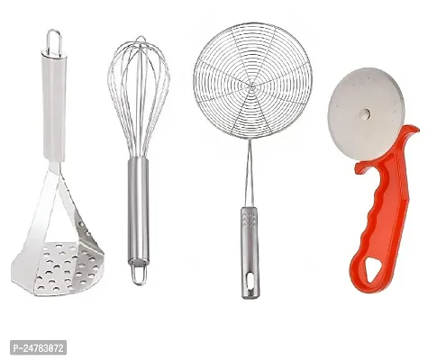 Ss Masher-Whisk-Deep Fry-Plastic Pizza Cutter_Stainless Steel_Pressers And Mashers Pack Of 4