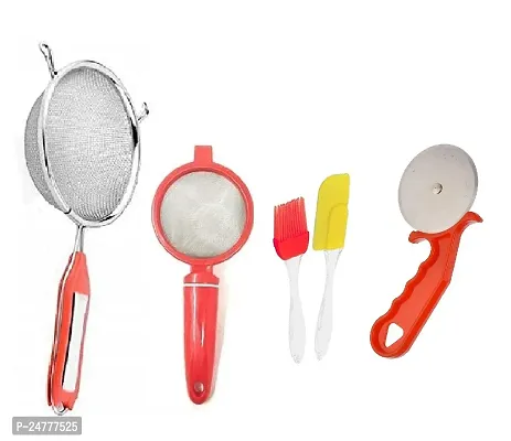 5 No Soup-Plastic Tea-M Spatula Set-Red Pizza Cutter_Stainless Steel_Strainers And Sieves Pack Of 4