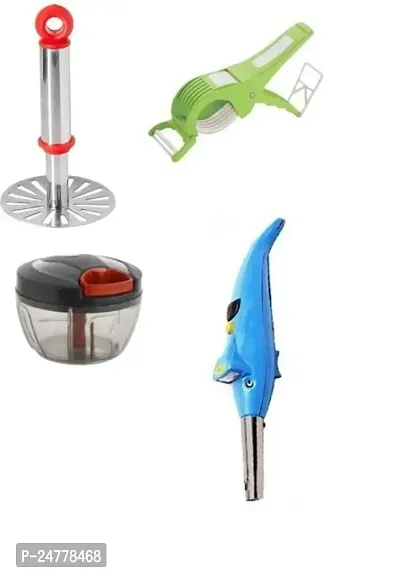 Small Masher - Bhindi Cutter - Dori Chopper - Dolphin Lighter _Stainless Steel_Pressers And Mashers Pack Of 4