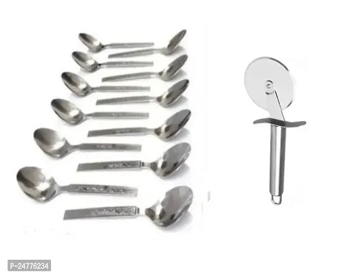 12 Pcs Ss Spoon - Ss Pizza Cutter_Stainless Steel_Cooking Spoons Pack Of 2-thumb0