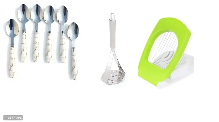 6 Pcs New Handle Spoon - Big Masher - Egg Cutter_Stainless Steel_Cooking Spoons Pack Of 3