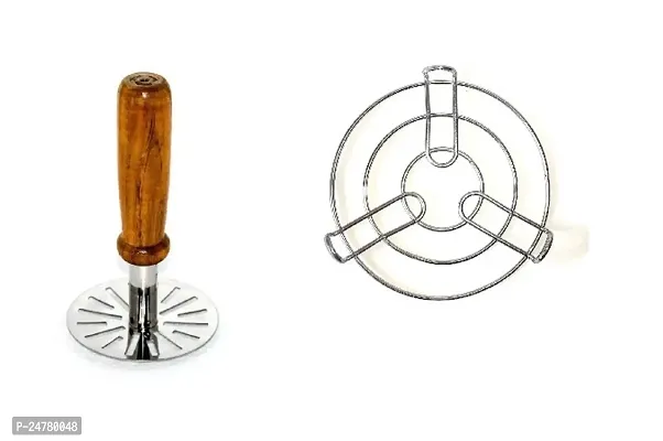 Wooden Handle Masher - Kadhai Stand_Stainless Steel_Pressers And Mashers Pack Of 2-thumb0