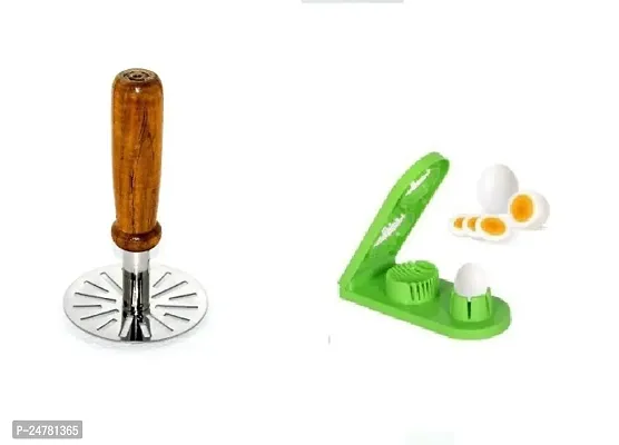 Wooden Handle Masher - Egg Slicer S1_Stainless Steel_Pressers And Mashers Pack Of 2