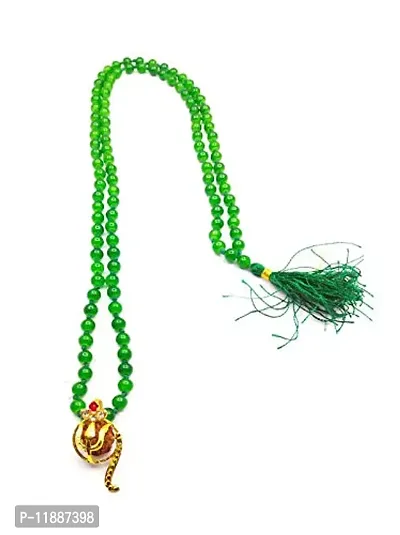 Raviour Lifestyle Rudraksh Mahadev Trishul Ganesh Pendant with Green Hakik Agate 108 Beads Mala for Ganesh Blessing and Prosperity-thumb0