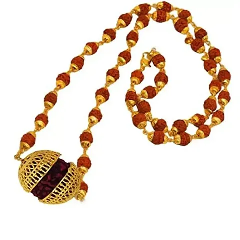 Raviour Lifestyle 5 Mukhi Rudraksha Two Sided Cap Brass Wood Locket With Rudraksha Mala