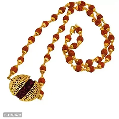 Raviour Lifestyle 5 Mukhi Rudraksha Two Sided Golden Cap Gold Brown Brass Wood Locket With Rudraksha Mala-thumb0