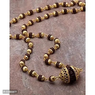 Raviour Lifestyle 5 Mukhi Rudraksha Two Sided Golden Cap Gold Wood Locket With RD Mala-thumb2