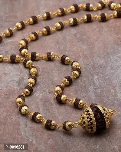 5 Mukhi Rudraksha Two Sided Golden Cap Gold Brown Brass Wood Locket With Rudraksha Mala