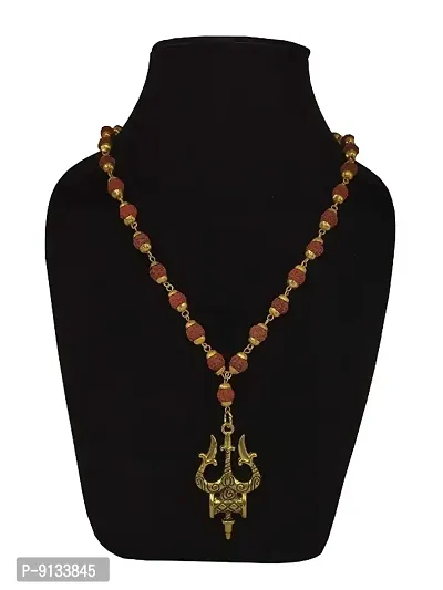 Shiv Shakti Religious Jewelry Shiv Rudraksha Big Trishul Damru Locket Wood Necklace Pendant for Men and Boys