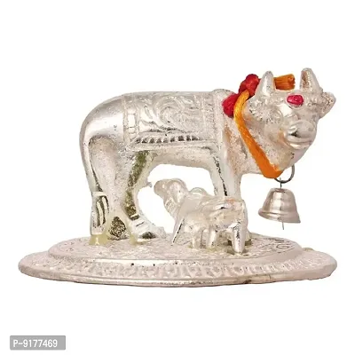 Silver Plated Kamdhenu Cow and Calf Pooja Mandir Idol - Home Deacute;cor Gift Statue For Gifting Decorative Showpiece