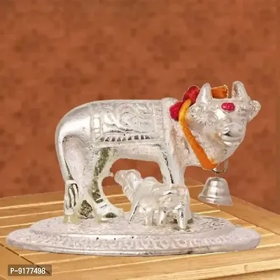 Silver Plated White Metal Kamdhenu Cow Calf-thumb0