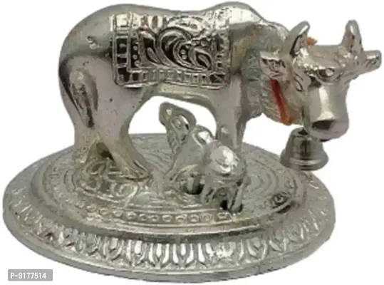 Kamdhenu Cow and Calf  Mini round  base Silver Plated