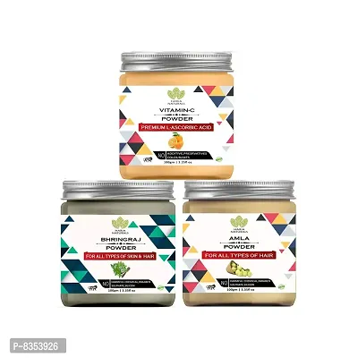 Haria Naturals 100% Pure & Naturals Vitamin-C Powder 100gm & Bhringraj Powder 100gm & Amla Powder 100gm (Pack Of 3) 300GM