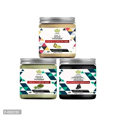 100% Pure & Naturals Amla Powder 100gm & Indigo Powder 100gm & Charcoal Powder 100gm (Pack Of 3) 300GM