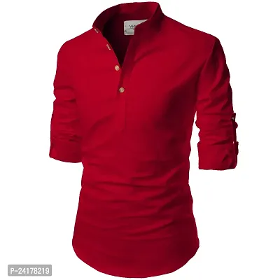 Reliable Red Cotton Solid Short Length Kurta For Men