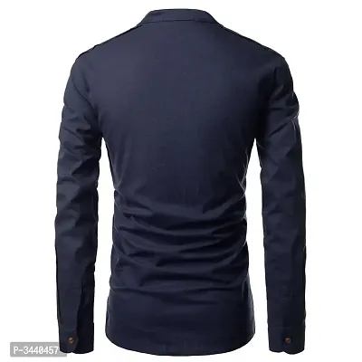 Men's Navy Blue Cotton Solid Long Sleeves Slim Fit Casual Shirt-thumb2