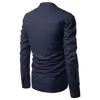 Men's Navy Blue Cotton Solid Long Sleeves Slim Fit Casual Shirt-thumb3