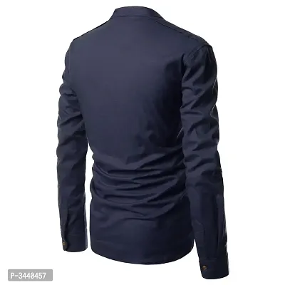 Men's Navy Blue Cotton Solid Long Sleeves Slim Fit Casual Shirt-thumb4