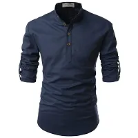 Men's Navy Blue Cotton Solid Long Sleeves Slim Fit Casual Shirt-thumb1