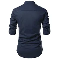 Men's Navy Blue Cotton Solid Long Sleeves Slim Fit Casual Shirt-thumb2