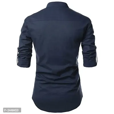 Men's Navy Blue Cotton Solid Long Sleeves Slim Fit Casual Shirt-thumb3