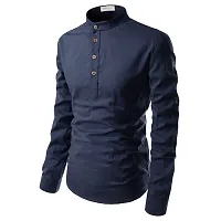 Men's Navy Blue Cotton Solid Long Sleeves Slim Fit Casual Shirt-thumb3