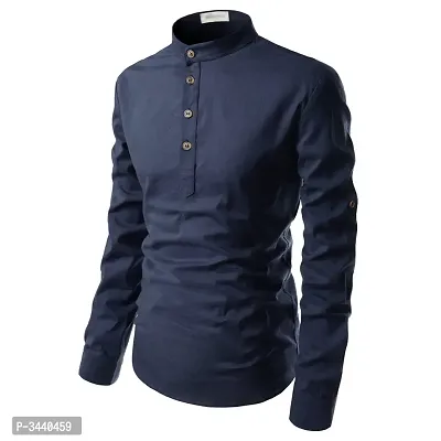 Men's Navy Blue Cotton Solid Long Sleeves Slim Fit Casual Shirt-thumb4