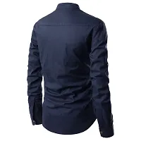 Men's Navy Blue Cotton Solid Long Sleeves Slim Fit Casual Shirt-thumb4