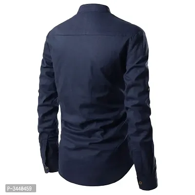 Men's Navy Blue Cotton Solid Long Sleeves Slim Fit Casual Shirt-thumb5