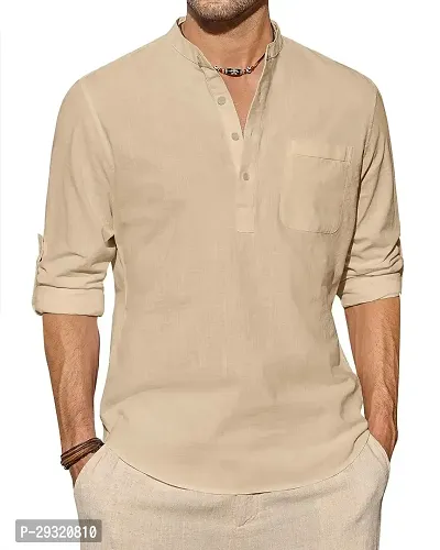 Reliable Beige Cotton Blend Solid Short Length Kurta For Men