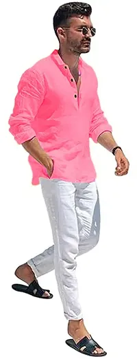 Reliable Pink Cotton Blend Solid Short Length Kurta For Men-thumb2