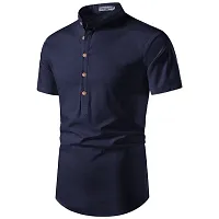 Reliable Navy Blue Cotton Solid Short Length Kurta For Men-thumb1