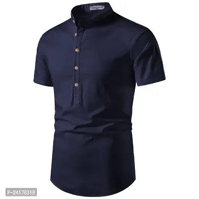 Reliable Navy Blue Cotton Solid Short Length Kurta For Men-thumb2