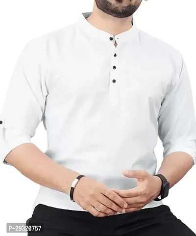 Reliable White Cotton Blend Solid Short Length Kurta For Men-thumb3