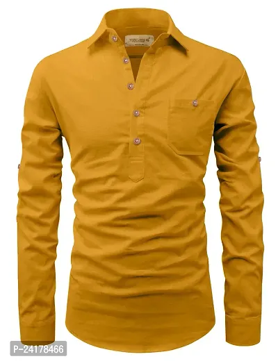 Reliable Yellow Cotton Solid Short Length Kurta For Men-thumb3