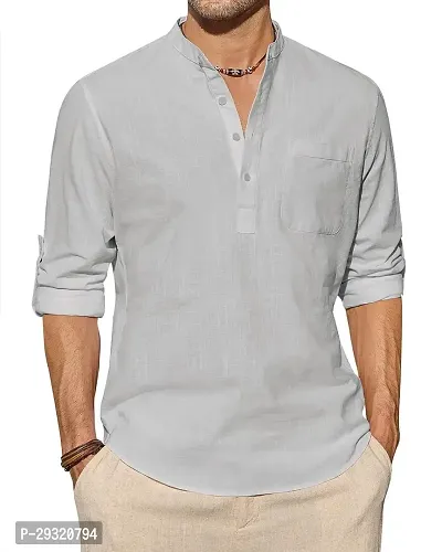 Reliable Grey Cotton Blend Solid Short Length Kurta For Men