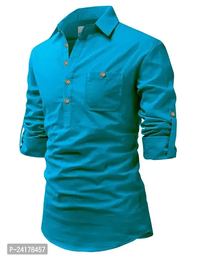 Reliable Turquoise Cotton Solid Short Length Kurta For Men
