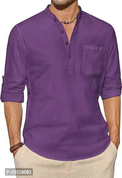 Reliable Purple Cotton Blend Solid Short Length Kurta For Men