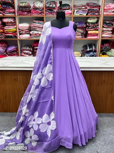 Beautiful Lavender Georgette Printed Gown With Dupatta-thumb0