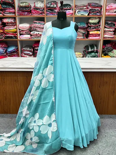 Stylish Georgette Printed Ethnic Gown with Dupatta Set