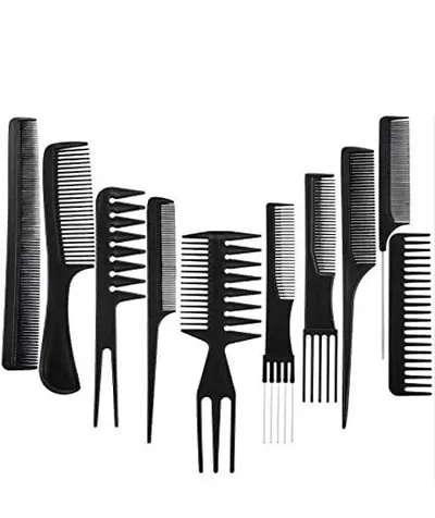 MeeTo Multipurpose Professional Hair Comb Set/ Kangi Set Hair brush for Hair Cutting and Styling - Pack of 10 - (Black)