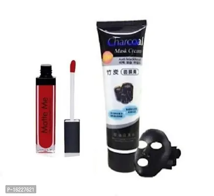 Combo Set Of Matte Me Single Matte, Liquid, Red Lipstick With Charcoal Mask 130gm-thumb0