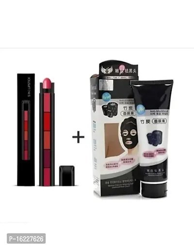 combo pack Of 5 in 1 Waterproof Matte Lipstick Long Lasting Colorful Lipstick. Multicolour ( pack of 1) +Charcoal Oil Control Anti-Acne Deep Cleansing Blackhead Remover Black Cream Peel Off Mask