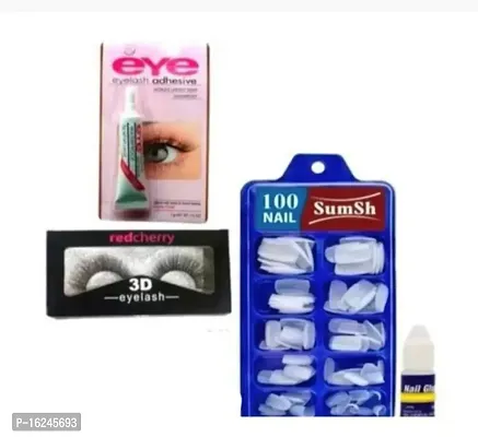White Artificial Nails (100) with Glue, 3D Eyelash Red Cherry 1 pcs., Eyelash Adhesive