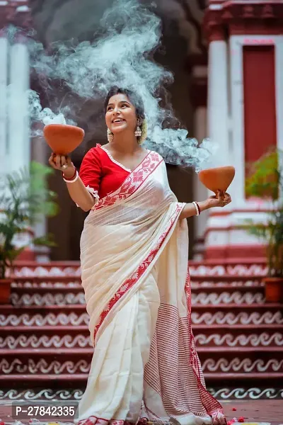 Red and White Cotton Blend Saree With Blouse Piece-thumb0