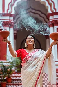 Red and White Cotton Blend Saree With Blouse Piece-thumb1