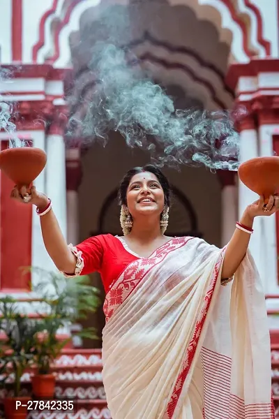 Red and White Cotton Blend Saree With Blouse Piece-thumb2