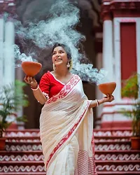 Red and White Cotton Blend Saree With Blouse Piece-thumb2